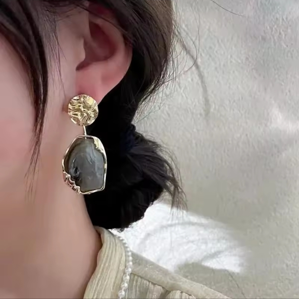 Gold and Gray Stone Drop Earrings